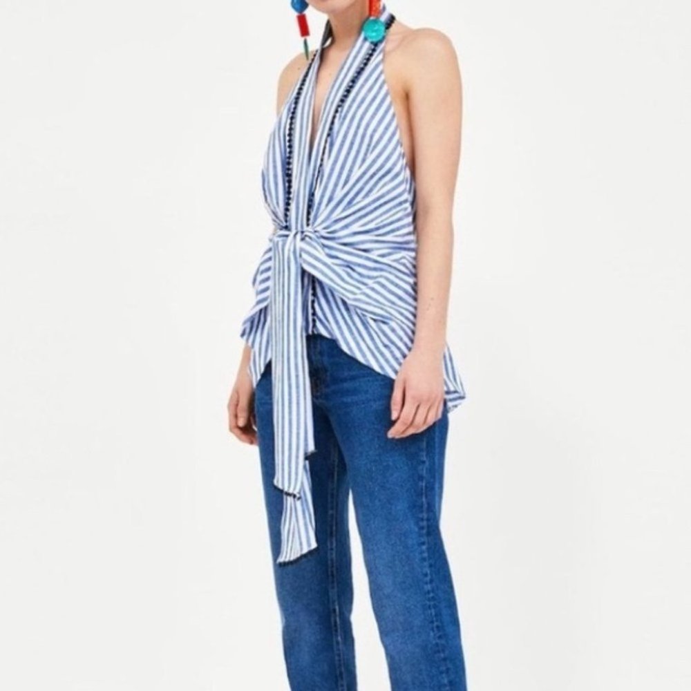 Zara Striped Tie Front Halter Top Blue & White Size Small - Picture 5 of 16
